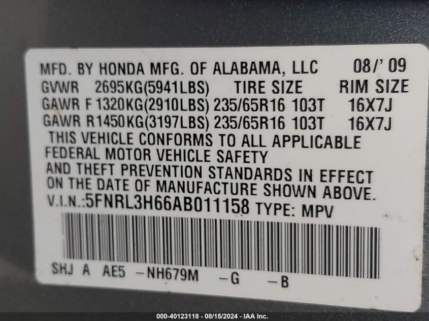 2010 Honda Odyssey Ex-L VIN: 5FNRL3H66AB011158 Lot: 40123118