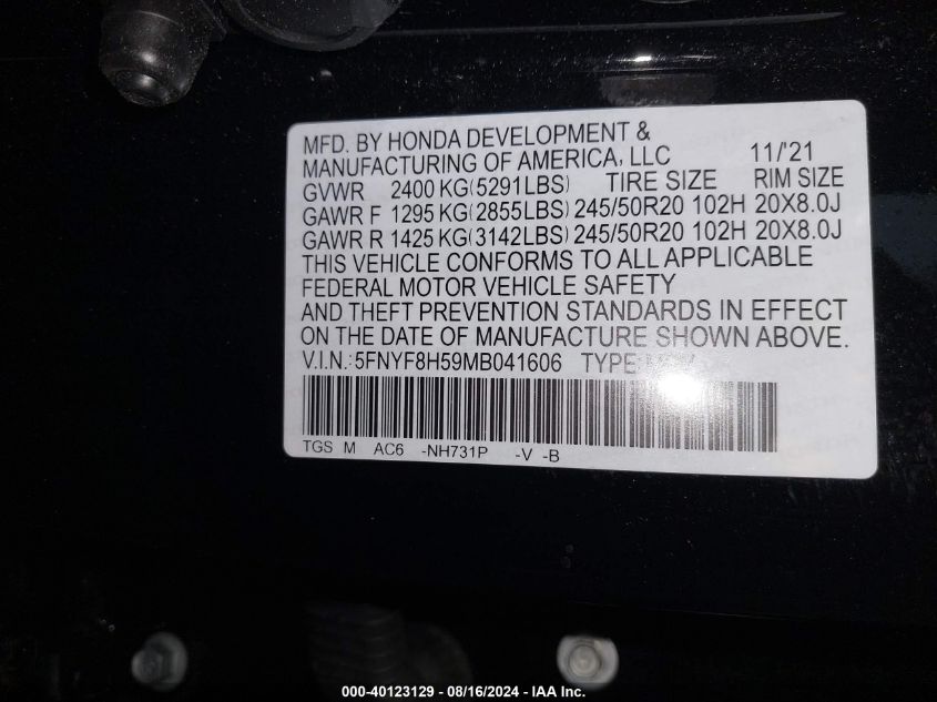 VIN 5FNYF8H59MB041606 2021 HONDA PASSPORT AWD EX-L