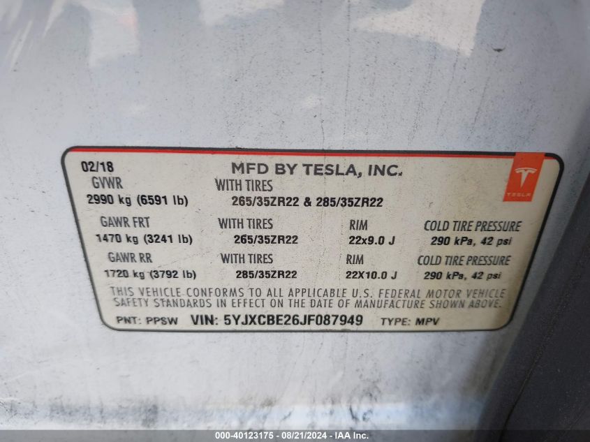 5YJXCBE26JF087949 2018 Tesla Model X 100D/75D/P100D