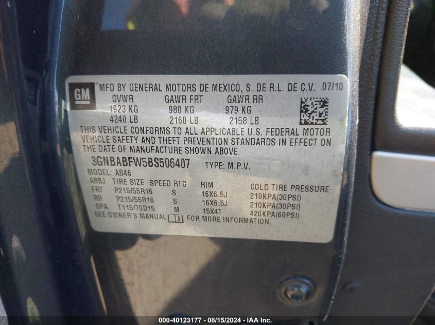 2011 Chevrolet Hhr Lt VIN: 3GNBABFW5BS506407 Lot: 40123177