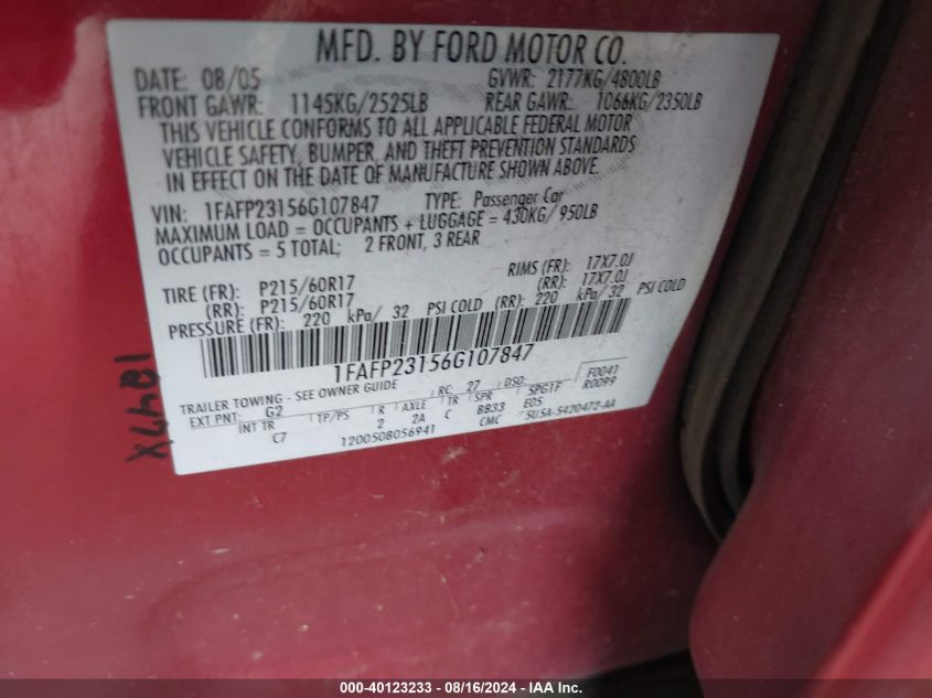 1FAFP23156G107847 2006 Ford Five Hundred Se