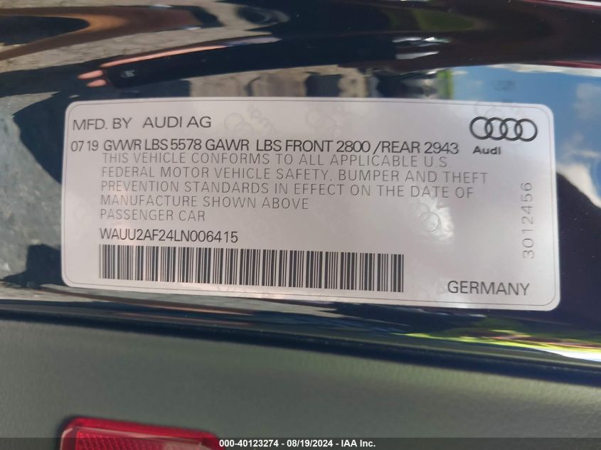 2020 Audi A7 Sportback Premium Plus 55 Tfsi Quattro S Tronic VIN: WAUU2AF24LN006415 Lot: 40123274