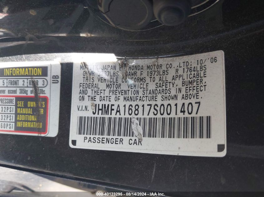2007 Honda Civic Ex VIN: JHMFA16817S001407 Lot: 40123295