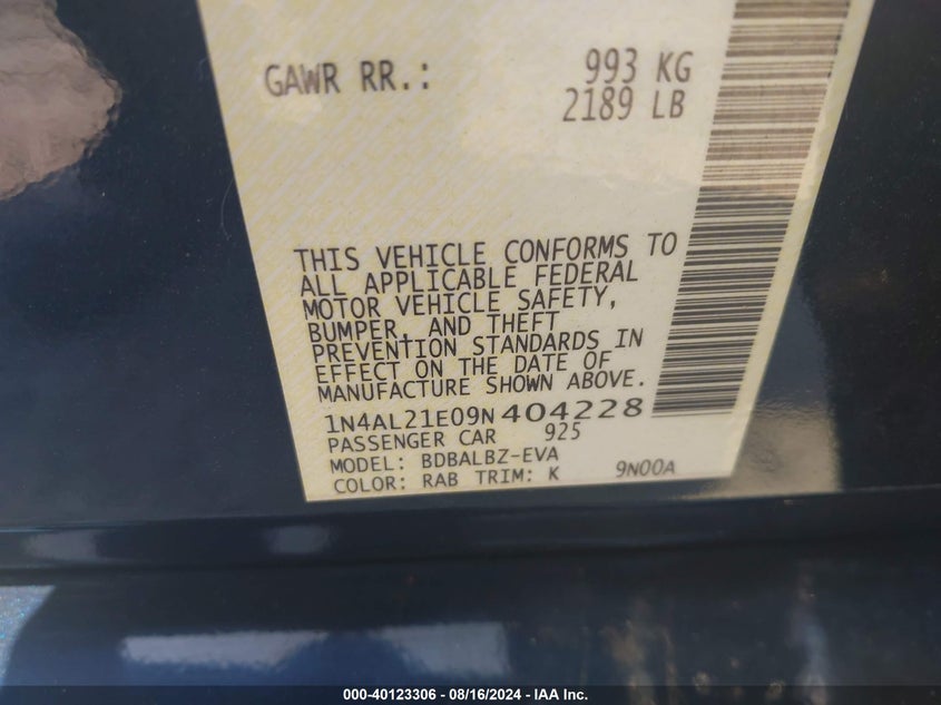 2009 Nissan Altima 2.5 S VIN: 1N4AL21E09N404228 Lot: 40123306