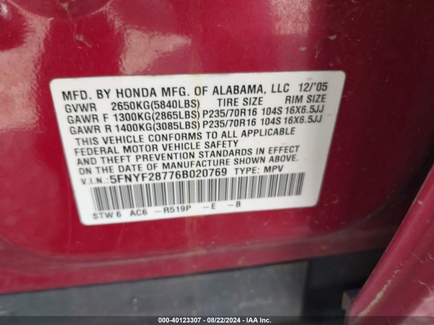 2006 Honda Pilot Ex-L VIN: 5FNYF28776B020769 Lot: 40123307