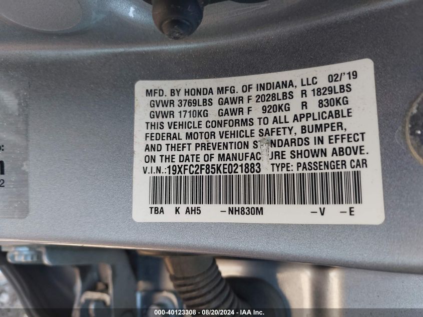 2019 Honda Civic Sport VIN: 19XFC2F85KE021883 Lot: 40123308