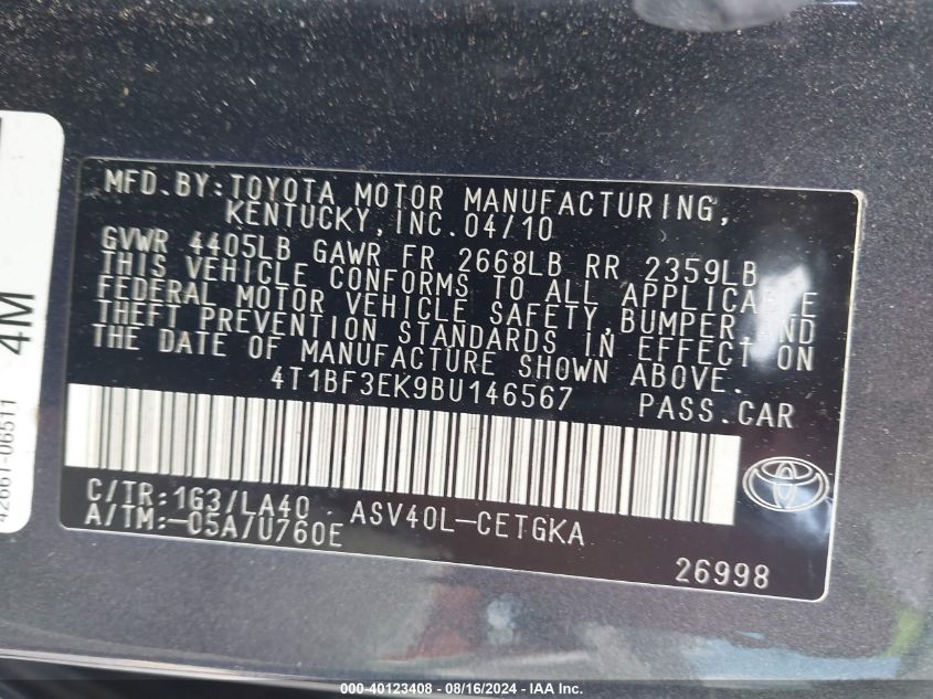 4T1BF3EK9BU146567 2011 Toyota Camry Se/Le/Xle