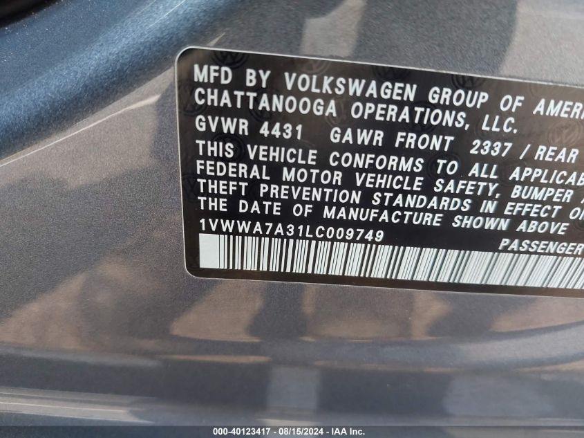 1VWWA7A31LC009749 2020 Volkswagen Passat 2.0T Se