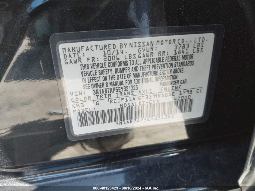 2014 Nissan Sentra Sv VIN: 3N1AB7AP5EY321325 Lot: 40123429