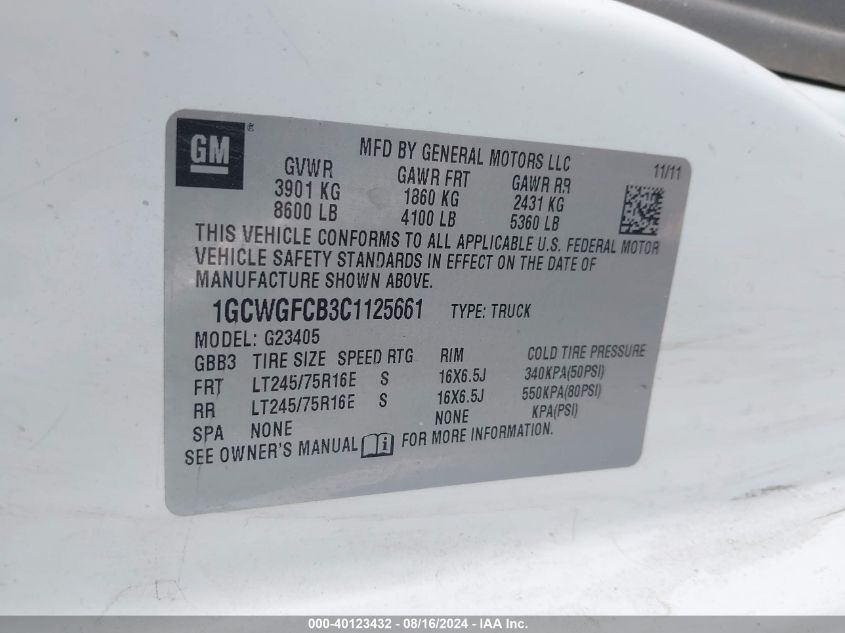 2012 Chevrolet Express G2500 VIN: 1GCWGFCB3C1125661 Lot: 40123432