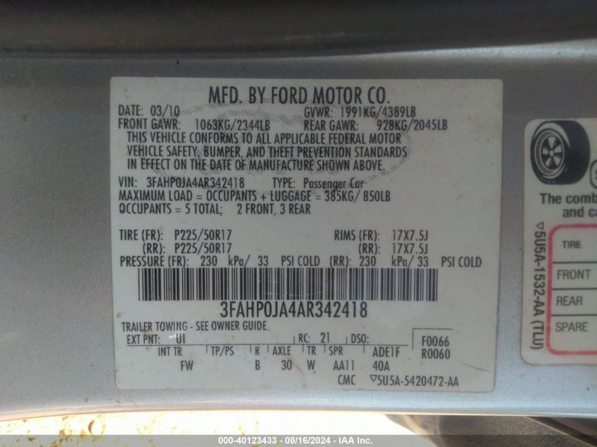 2010 Ford Fusion Sel VIN: 3FAHP0JA4AR342418 Lot: 40123433