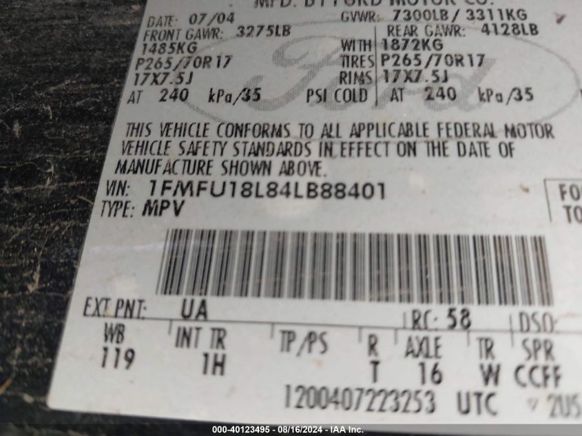 2004 Ford Expedition Eddie Bauer VIN: 1FMFU18L84LB88401 Lot: 40123495