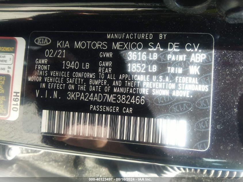 2021 Kia Rio S VIN: 3KPA24AD7ME382466 Lot: 40123497