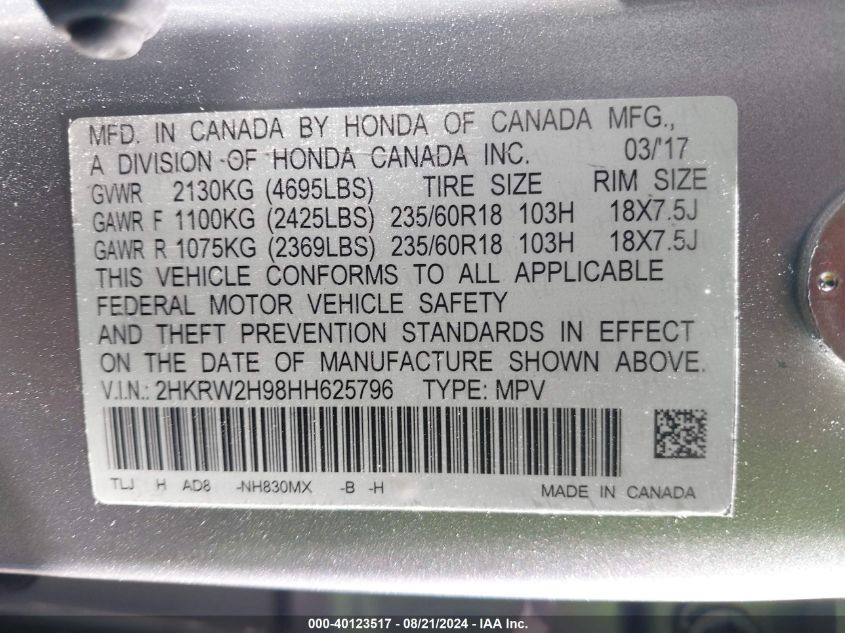 2HKRW2H98HH625796 2017 Honda Cr-V Touring