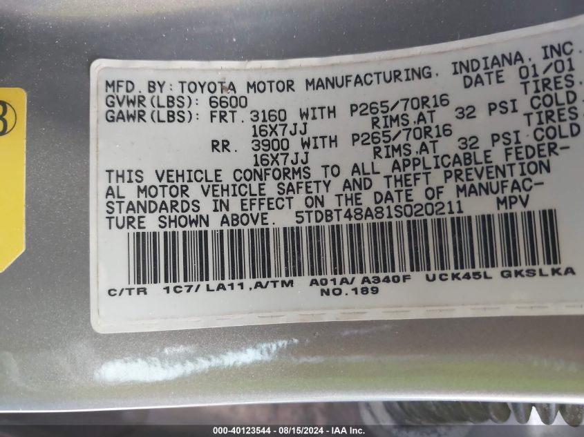 2001 Toyota Sequoia Limited V8 VIN: 5TDBT48A81S020211 Lot: 40123544