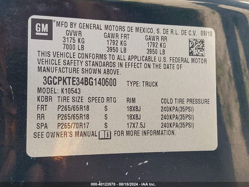 2011 Chevrolet Silverado K1500 Ltz VIN: 3GCPKTE34BG140600 Lot: 40123578