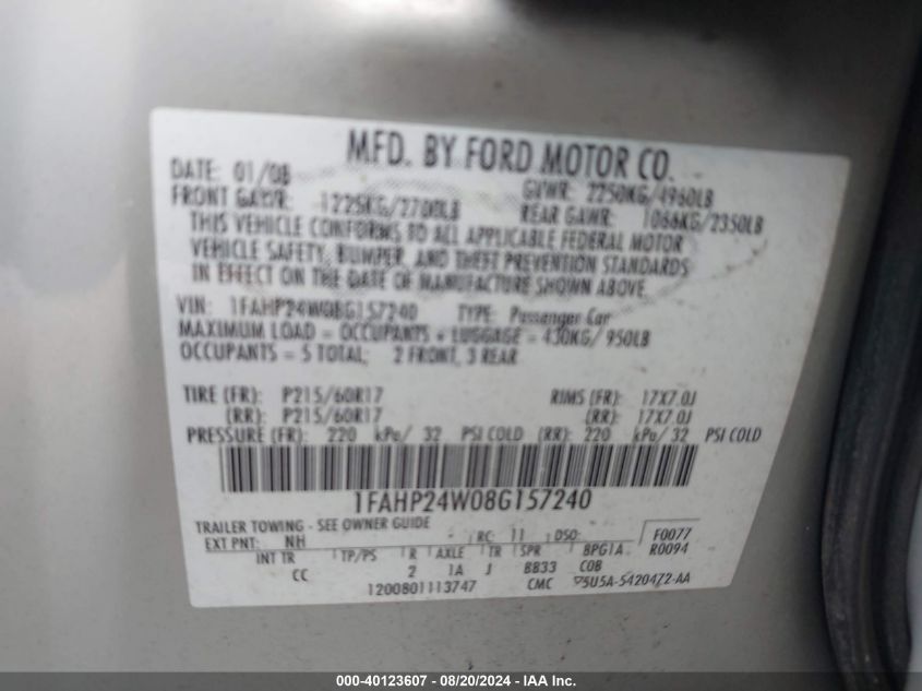 2008 Ford Taurus Sel VIN: 1FAHP24W08G157240 Lot: 40123607