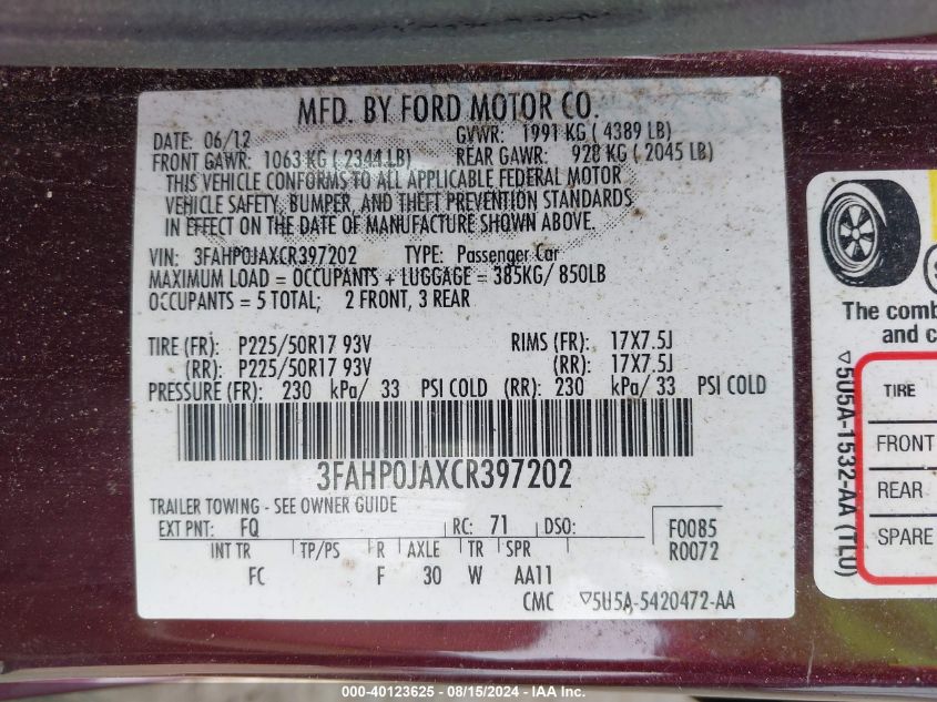 2012 Ford Fusion Sel VIN: 3FAHP0JAXCR397202 Lot: 40123625