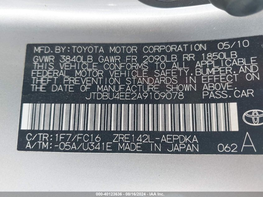 2010 Toyota Corolla S/Le/Xle VIN: JTDBU4EE2A9J09078 Lot: 40123636