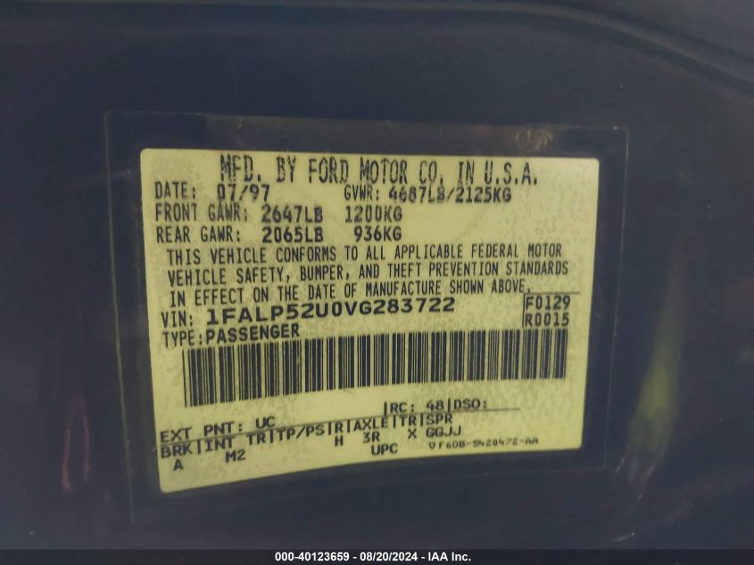1997 Ford Taurus Gl VIN: 1FALP52U0VG283722 Lot: 40123659