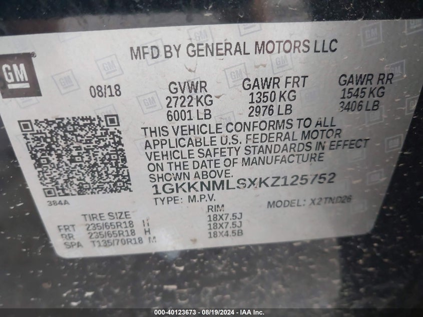 2019 GMC ACADIA SLT-1 - 1GKKNMLSXKZ125752