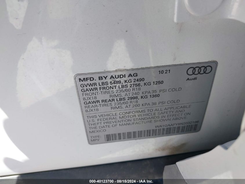 2022 Audi Q5 Premium 45 Tfsi S Line Quattro S Tronic VIN: WA1GAAFY8N2032196 Lot: 40123700