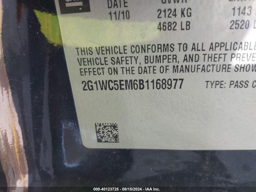 2011 Chevrolet Impala Ltz VIN: 2G1WC5EM6B1168977 Lot: 40123725