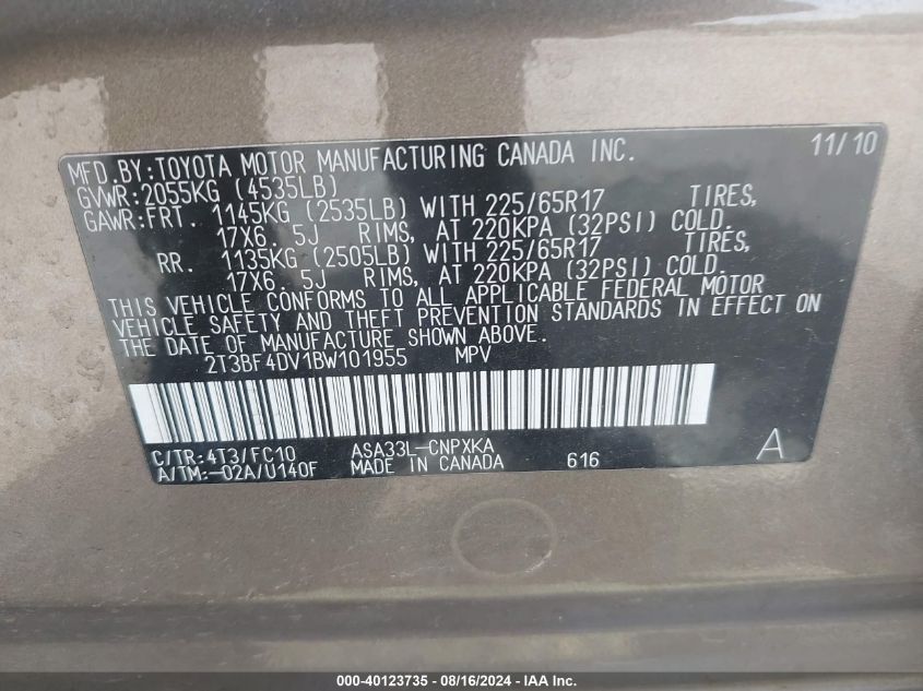 2011 Toyota Rav4 VIN: 2T3BF4DV1BW101955 Lot: 40123735