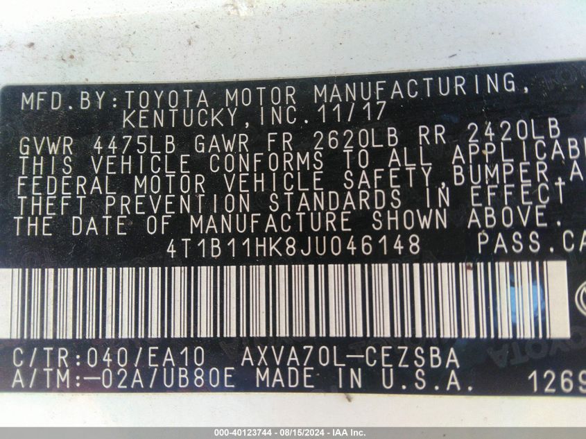 4T1B11HK8JU046148 2018 Toyota Camry Se