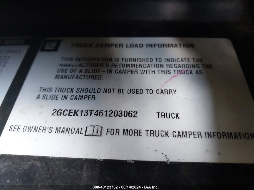 2006 Chevrolet Silverado 1500 Lt1 VIN: 2GCEK13T461203062 Lot: 40123762