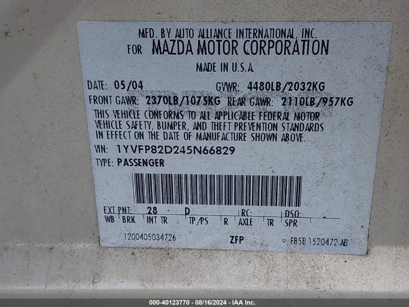 1YVFP82D245N66829 2004 Mazda Mazda6 S