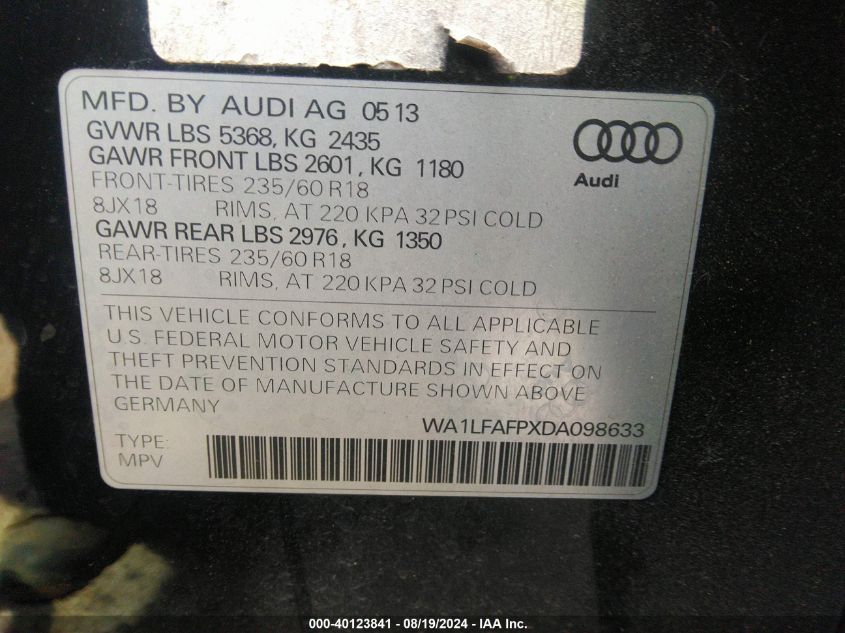 2013 Audi Q5 2.0T Premium VIN: WA1LFAFPXDA098633 Lot: 40123841