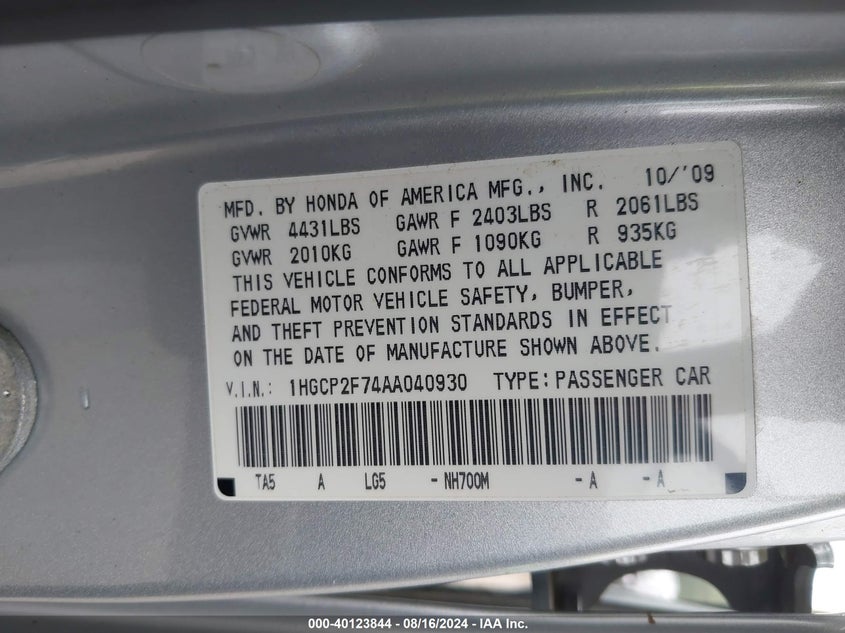 2010 Honda Accord 2.4 Ex VIN: 1HGCP2F74AA040930 Lot: 40123844