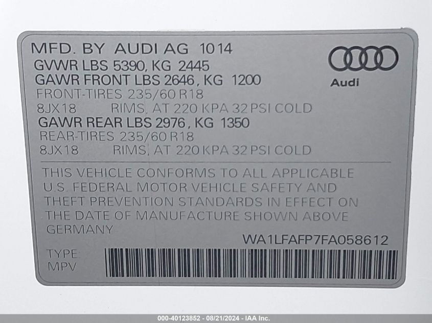 2015 Audi Q5 2.0T Premium VIN: WA1LFAFP7FA058612 Lot: 40123852