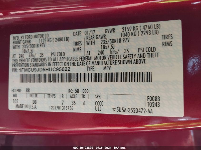 2017 Ford Escape Titanium VIN: 1FMCU9JD5HUC95622 Lot: 40123879