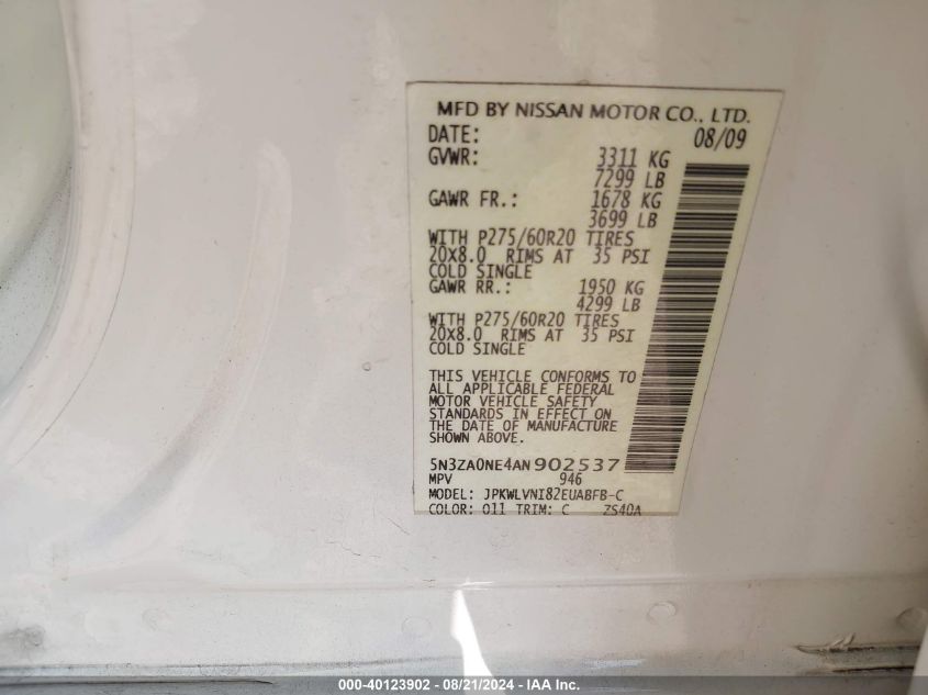 2010 Infiniti Qx56 VIN: 5N3ZA0NE4AN902537 Lot: 40123902