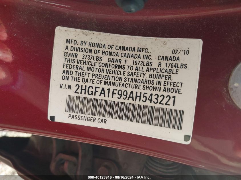 2010 Honda Civic Ex-L VIN: 2HGFA1F99AH543221 Lot: 40123916