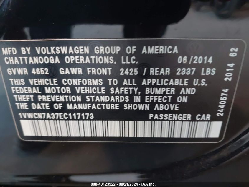 1VWCN7A37EC117173 2014 Volkswagen Passat Sel