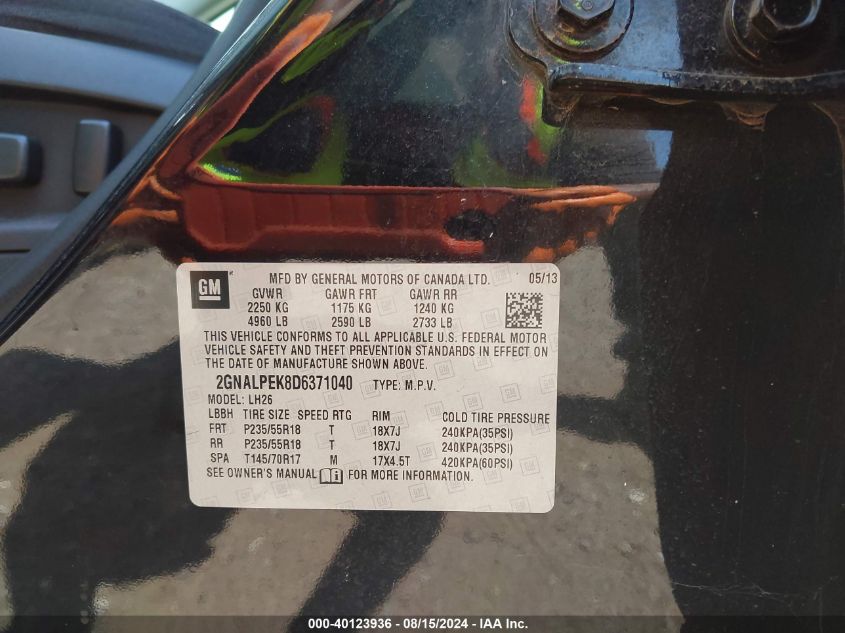 2013 Chevrolet Equinox 2Lt VIN: 2GNALPEK8D6371040 Lot: 40123936