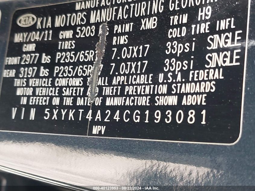 2012 Kia Sorento Lx V6 VIN: 5XYKT4A24CG193081 Lot: 40123953