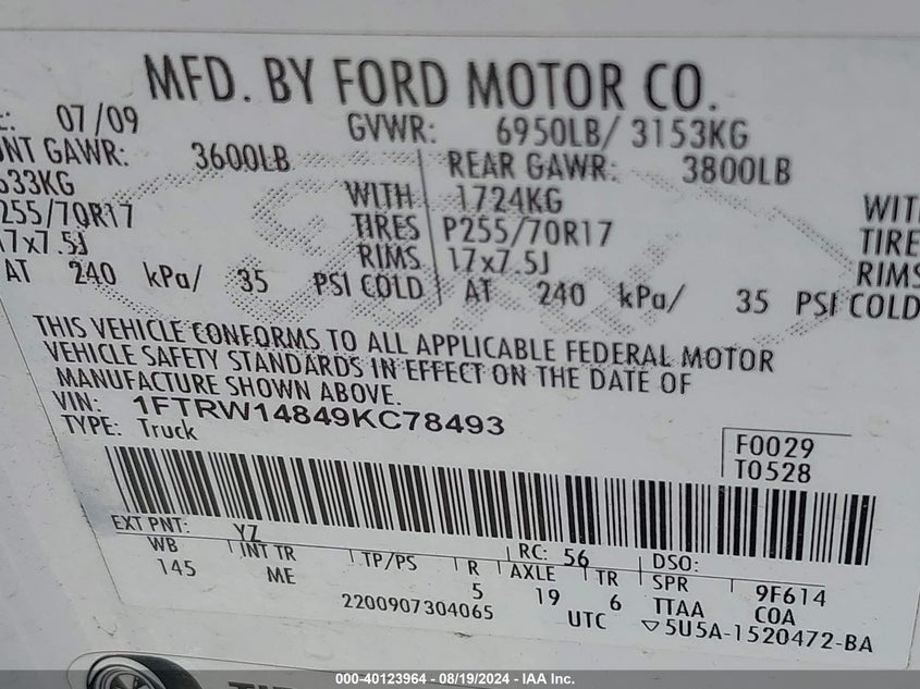 2009 Ford F-150 Xl/Xlt VIN: 1FTRW14849KC78493 Lot: 40123964