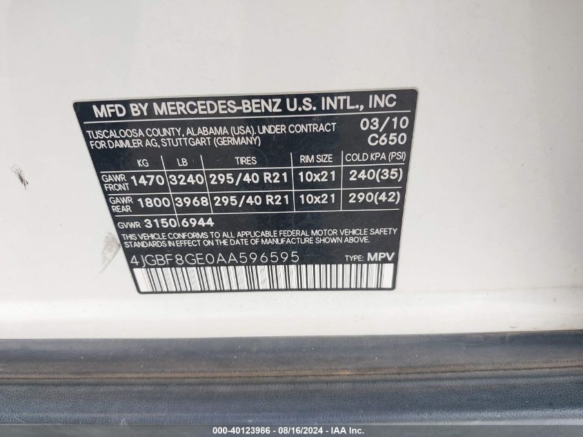 4JGBF8GE0AA596595 2010 Mercedes-Benz Gl 550 4Matic