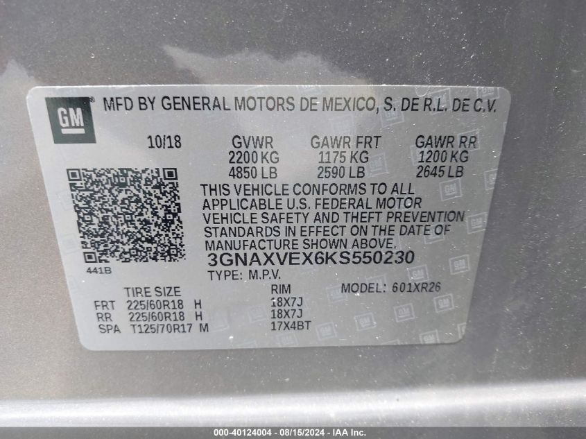 2019 Chevrolet Equinox Lt VIN: 3GNAXVEX6KS550230 Lot: 40124004