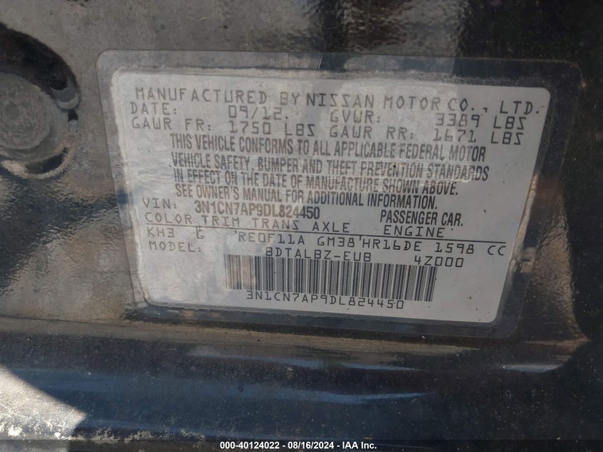 2013 Nissan Versa 1.6 Sv VIN: 3N1CN7AP9DL824450 Lot: 40124022