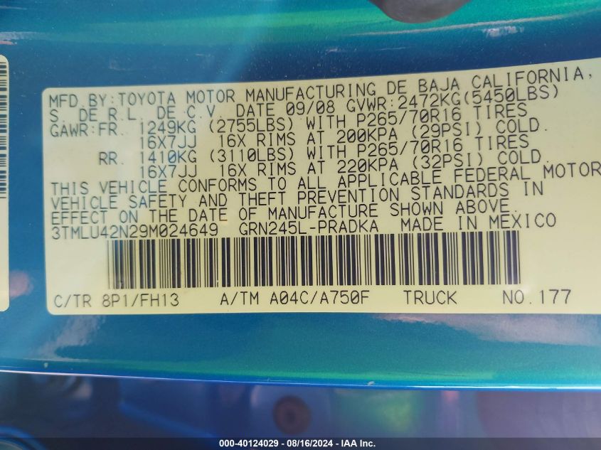 2009 Toyota Tacoma Base V6 VIN: 3TMLU42N29M024649 Lot: 40124029
