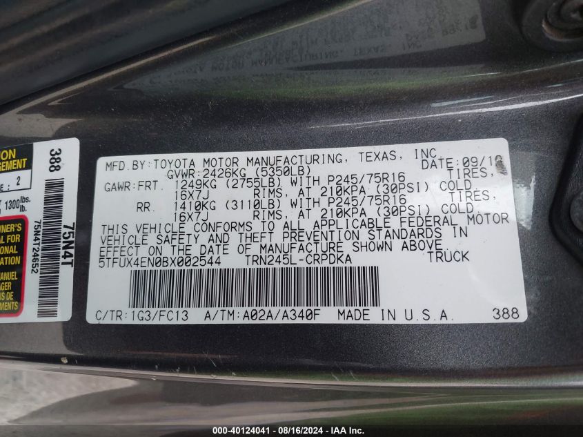 2011 Toyota Tacoma Access Cab VIN: 5TFUX4EN0BX002544 Lot: 40124041