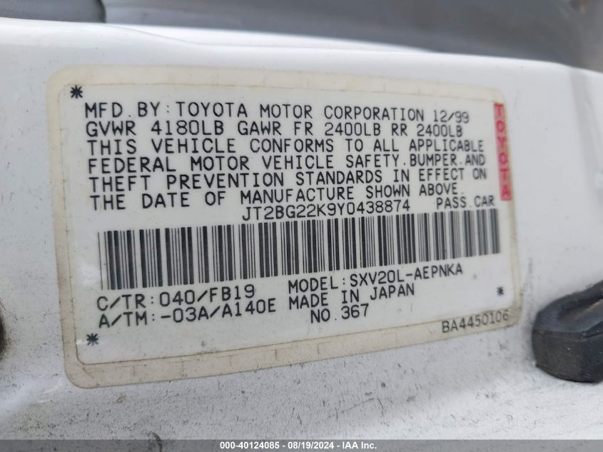 JT2BG22K9Y0438874 2000 Toyota Camry Le