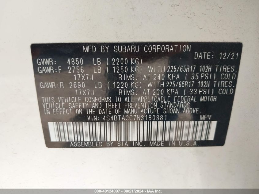 4S4BTACC7N3180381 2022 Subaru Outback Premium