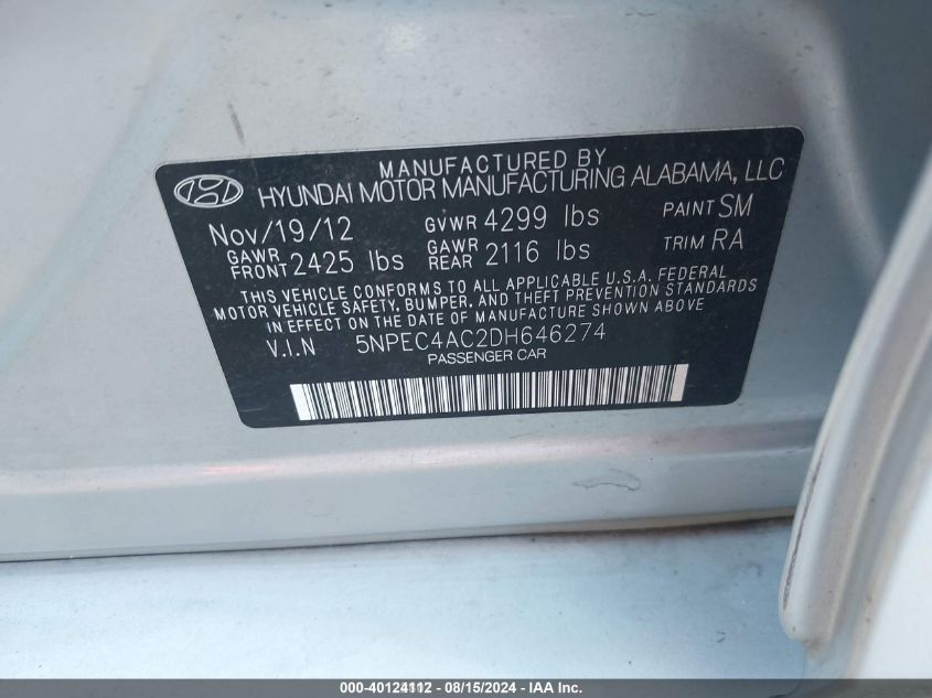 2013 Hyundai Sonata Limited VIN: 5NPEC4AC2DH646274 Lot: 40124112