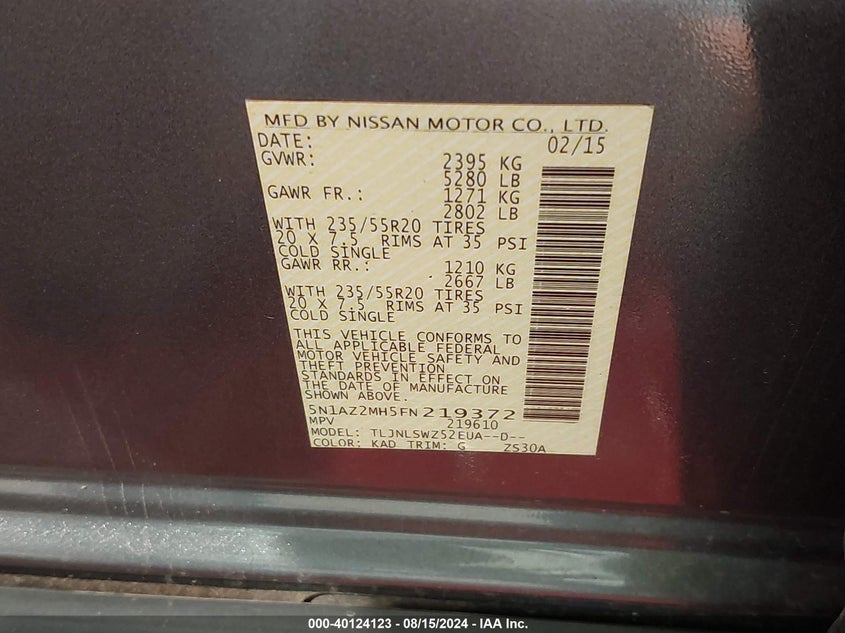 2015 Nissan Murano Platinum VIN: 5N1AZ2MH5FN219372 Lot: 40124123